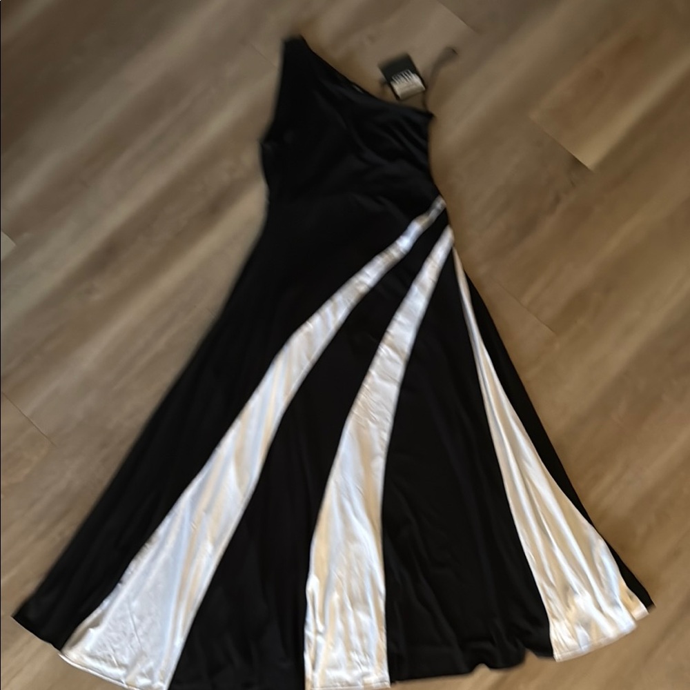 Elegant Black and White One Shoulder A-Line Dress made in Portugal